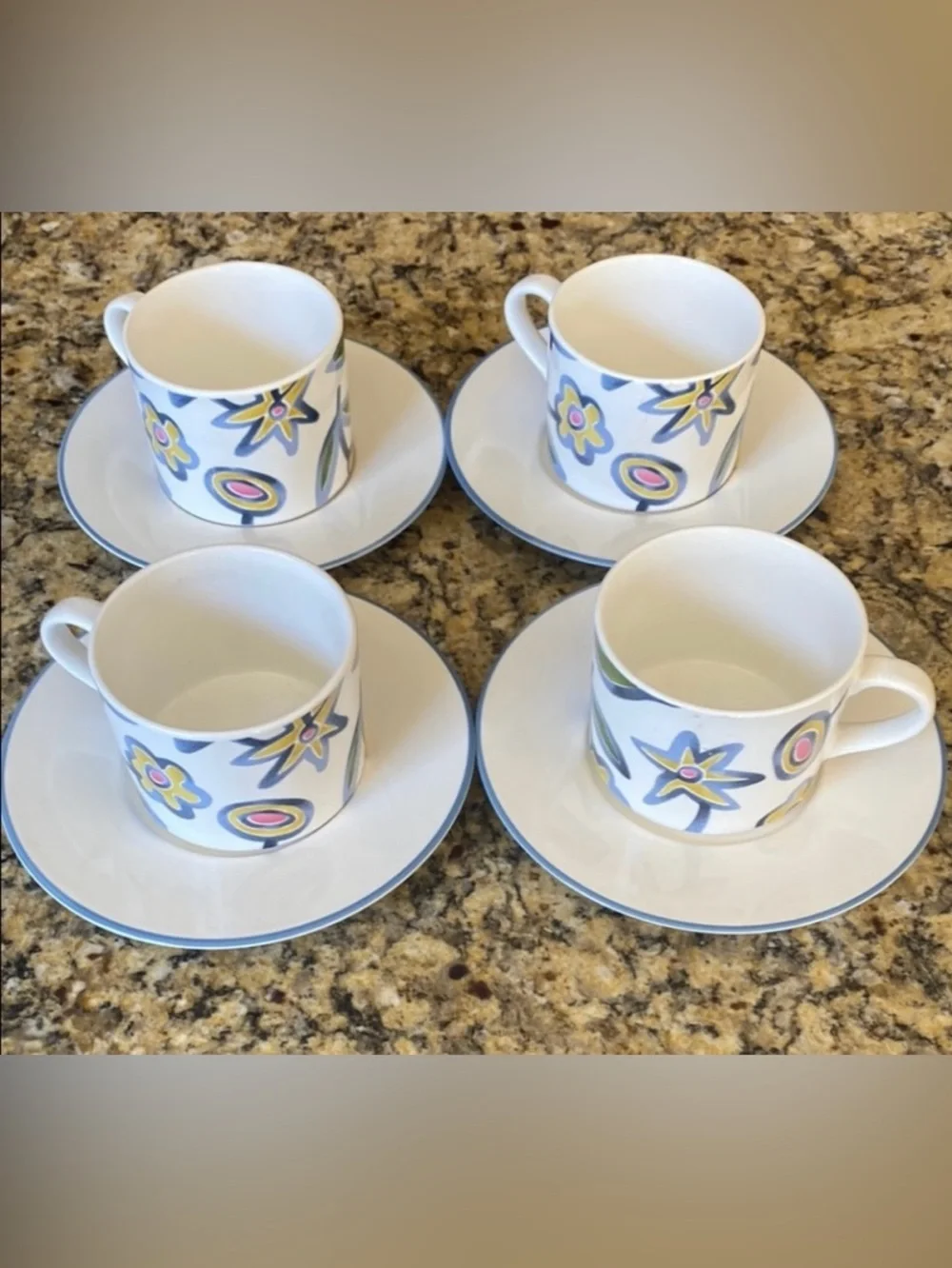 Pottery Barn off-white, Blue and Yellow Bunch, coffee/tea Mugs. Set of 4